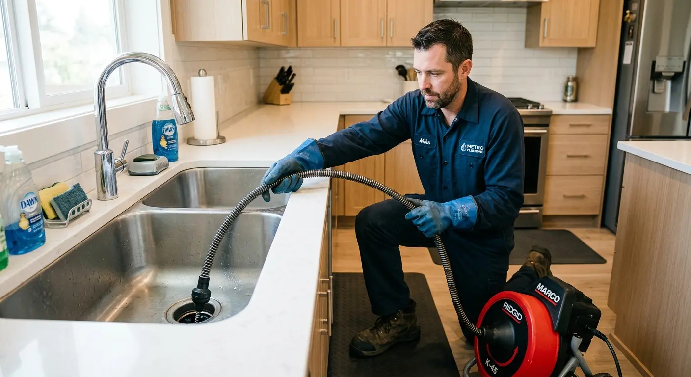 Drain cleaning technician using a motorized snake on a kitchen sink in Fort Gratiot