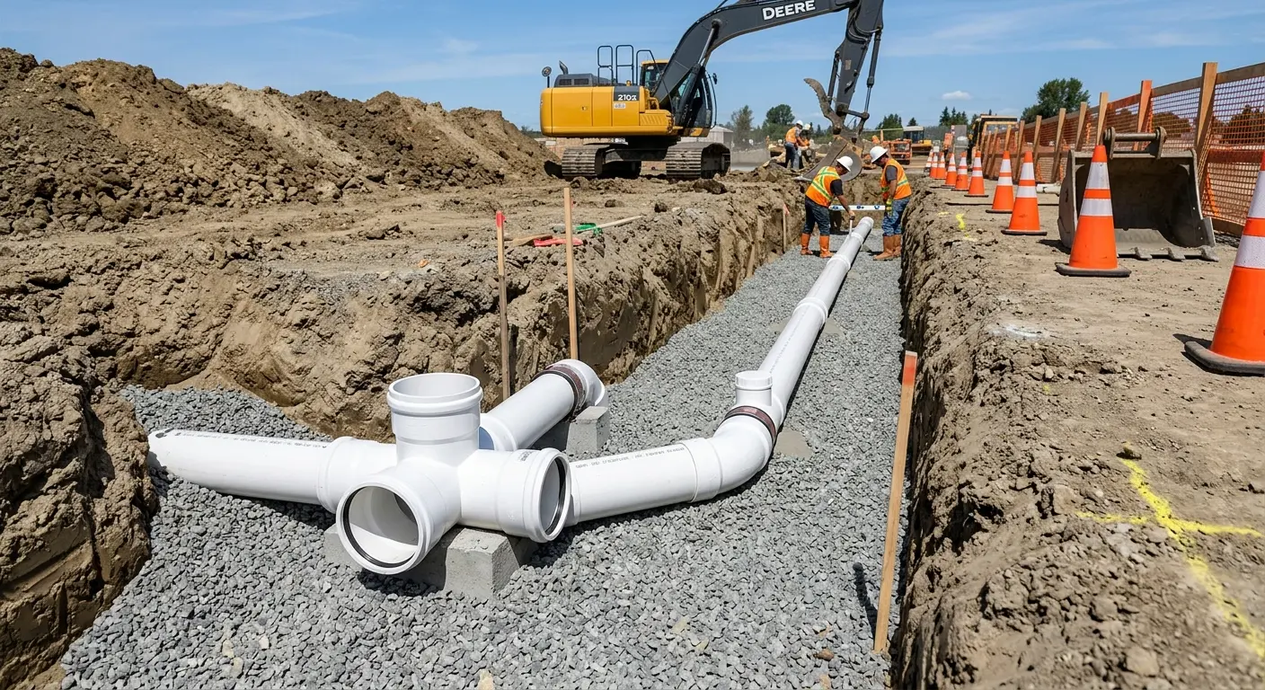 New PVC sewer pipe installation in open trench for Grease Trap Cleaning in Fort Gratiot