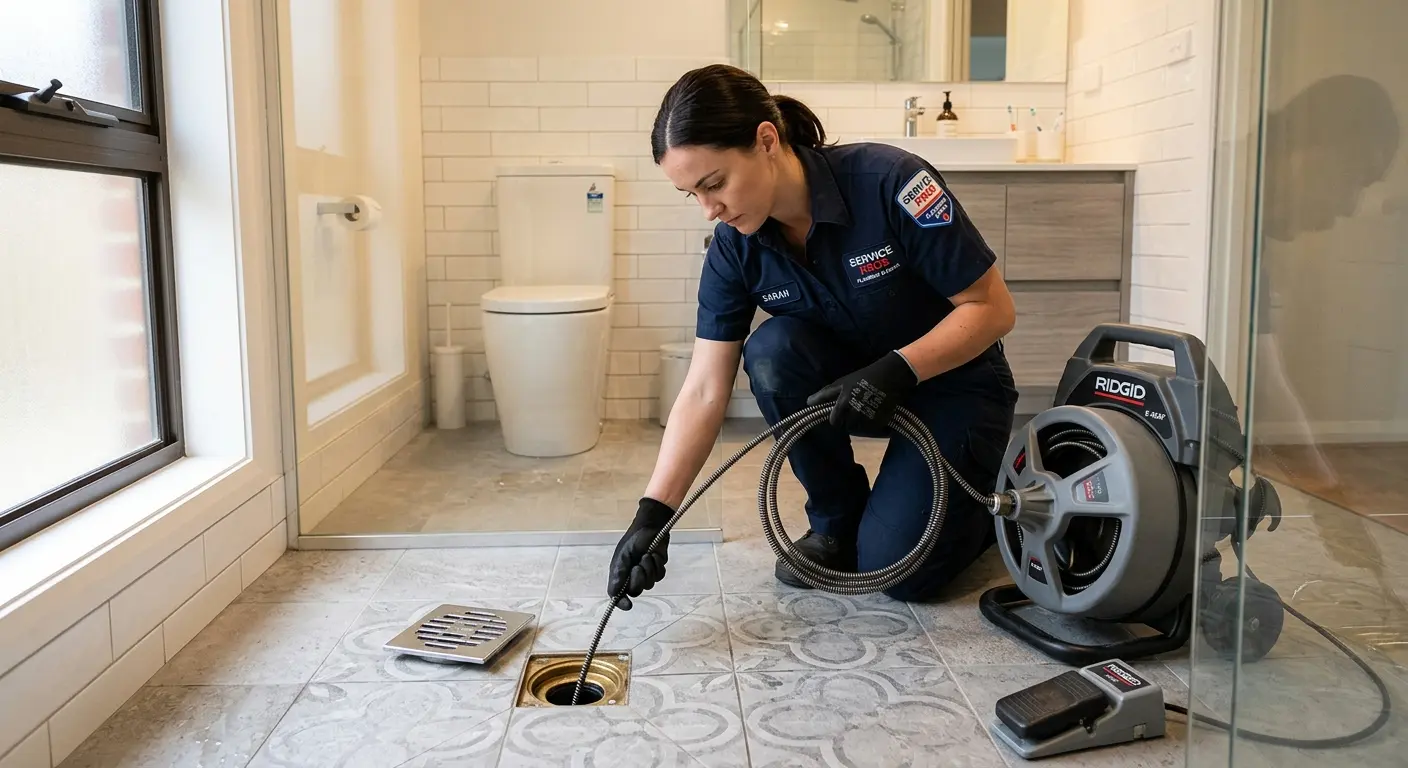 Technician clearing a bathroom floor drain for Sewer Line Installation in Fort Gratiot